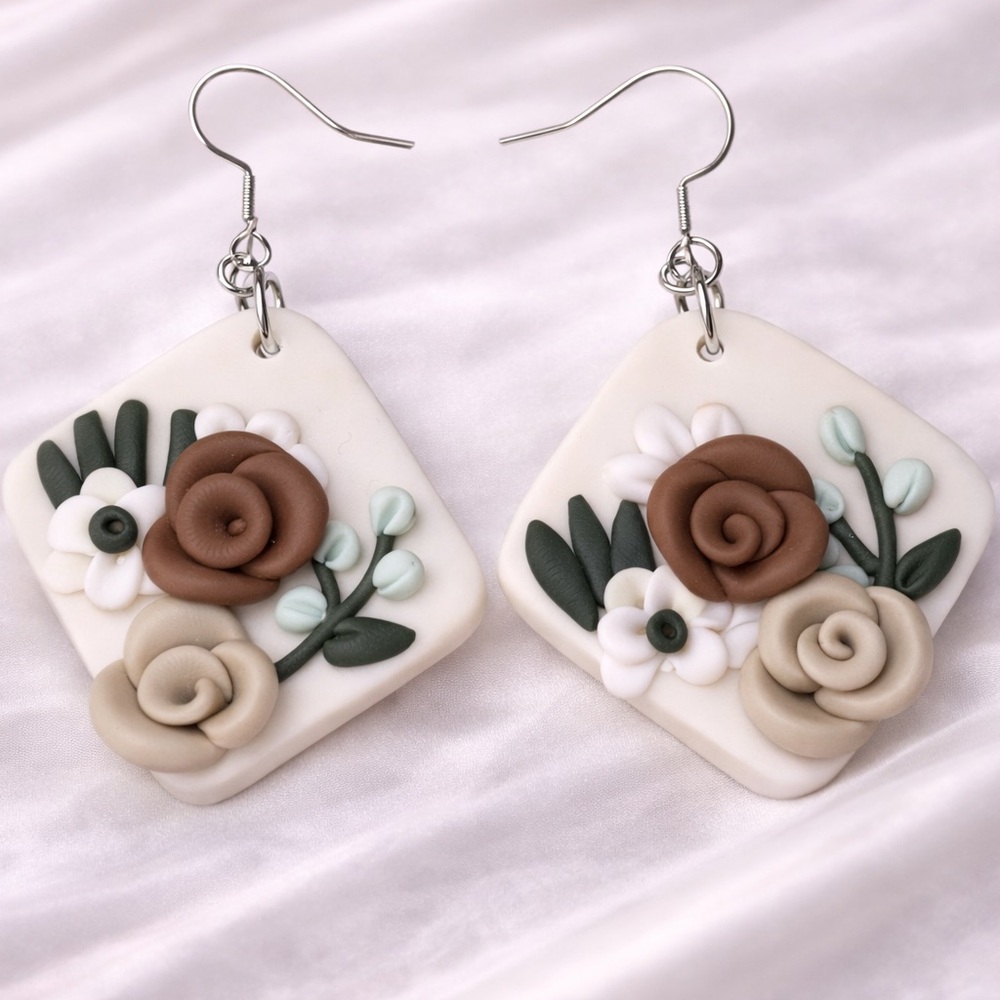 Handmade Polymer Clay earrings, Rhombus with‎ Rose Flower, Saddle Brown